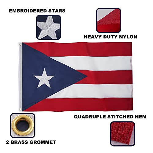 AZCOVER Puerto Rico Flag, 3x5 FT Puerto Rican Flag Outdoor Embroidery Stars and Double Stitched Sewn Stripes with 2 Brass Grommets, 210D Heavy Duty Polyester Puerto Rican Flags