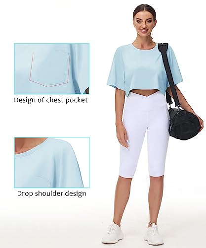 THE GYM PEOPLE Women's Workout Crop Tops Short Sleeve Boxy Oversized T-Shirts with Pockets Light Blue