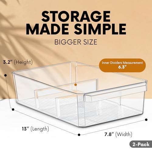 Clear Large Plastic Storage Bins with Removable Dividers, Pantry Organizers and Storage Containers Fridge Organizer Bin for Organizing Kitchen Under Sink Bathroom Refrigerator Organization Freezer