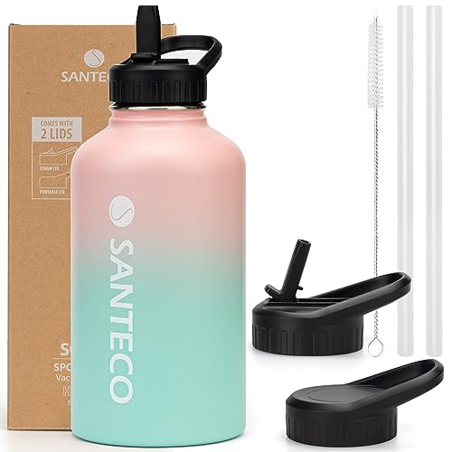 SANTECO Water Bottle 24 oz, Vacuum Insulated Stainless Steel Bottle with Straw Handle Lid, Leakproof Bottles, Wide Mouth Easy Clean, Keep Drinks Hot & Cold for Gym, Camping, Hiking, Blue Purple