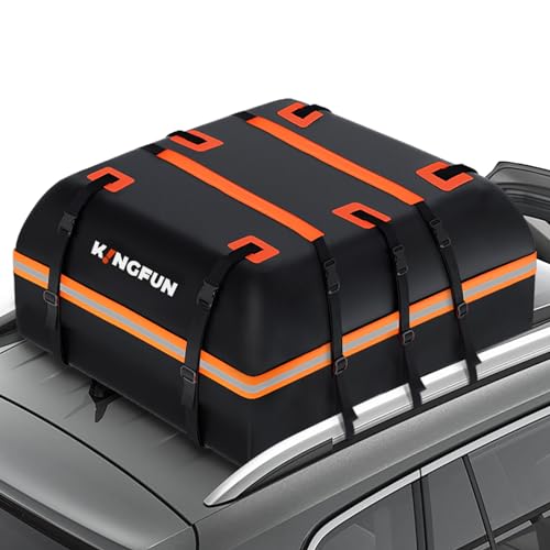 Kingfun Car Rooftop Cargo Carrier Bag - Waterproof 15 Cubic Feet Car Roof Luggage Carrier for All Vechicles with/Without Racks, Includes Anti-Slip Mat, 8 Reinforced Straps, 6 Door Hooks, Luggage Lock