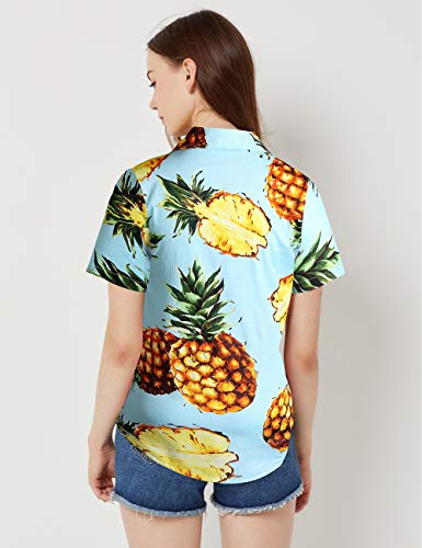 Hawaiian Shirts for Women, Tropical Shirts for Women, Pineapple Shirts for Women Short Sleeve Blouses Casual Floral (Small, Blue Red)