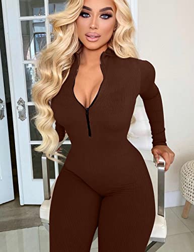 Mizoci Women's Sexy Bodycon Long Sleeve One Piece Jumpsuit V Neck Zip Up Ribbed Full Romper, S, Coffee
