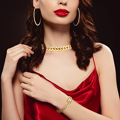 Batiyeer Link Chain Necklace Bracelet Rhinestone Earrings Bling Necklace Bracelet Crystal Big Circle Earring for Women(Gold, 16 Inch)