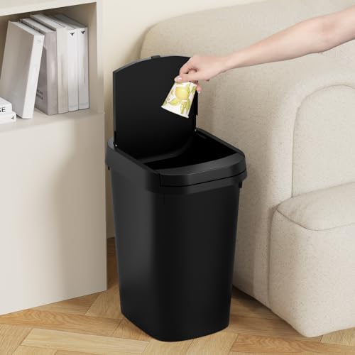 KSSKSS 3 Pack Bathroom Small Trash Can with Lid, 2.6 Gallon Slim Garbage Bin with Pop-Up Lid, 10L Plastic Wastebasket with Press Top Lid for Bedroom, Office, Kitchen, Toilet (Black)