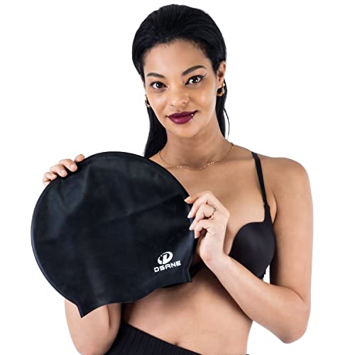 Dsane Extra Large Swimming Cap for Women and Men,Special Design Swim Cap for Very Long Thick Curly Hair&Dreadlocks Weaves Braids Afros Silicone Keep Your Hair Dry(Black/XL)