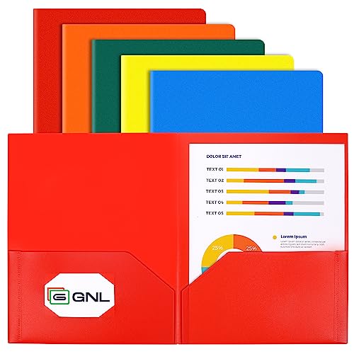 GNL Plastic Folders with Pockets, Pack of 5, Colored Heavy Duty 2 Pocket File Folders Letter Size, Pocket Folders for School, Home, and Office