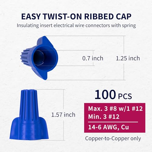 ZONE INDUSTRY CORP. 100 PCS, Electrical Insulating Winged Wire Connectors, Metal Spring Terminal Nuts, Winged Caps for Quick Connection, AWG14-6, Blue