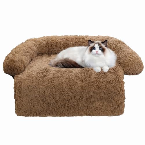 Calming Dog Bed Fluffy Plush Dog Mat for Furniture Protector with Removable Washable Cover for Large Medium Small Dogs and Cats (XS(31“x27.5”x5), Camel)