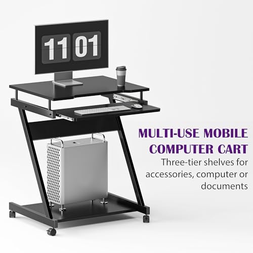 sogesfurniture Mobile Computer Desk, Small Rolling Work Workstation for Home and Office with Printer Shelf, Keyboard Drawers,23.6 x 18.9 x 28.7 Inches,BHUS-DX-8110-BB(Black)