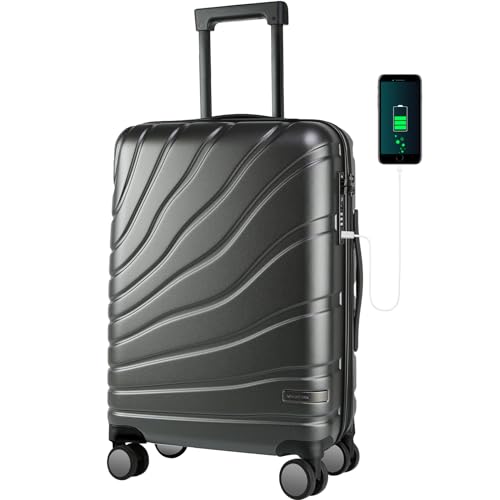 VANKEAN Carry On Luggage with Spinner Wheels & TSA Lock, Expandable Fashionable Hard Shell Suitcase airline approved，20 Inch Carry-On，Black