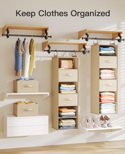 Pipishell Hanging Closet Organizer 6-Shelf, Hanging Shelves for Closet with 3 Removable Drawers & Side Pockets, Hanging Shelf Organizer for Bedroom or Garment Rack, 12'' x 12'' x 43.3'', Beige