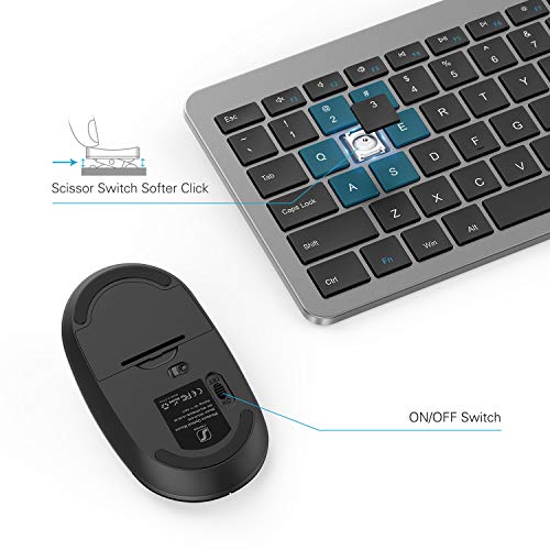 Wireless Keyboard and Mouse Combo - Full Size Slim Thin Wireless Keyboard Mouse with Numeric Keypad 2.4G Stable Connection Adjustable DPI (Grey & Black)