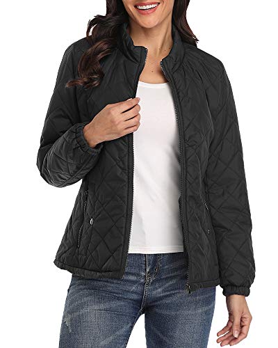 PEIQI Quilted Jacket for Women Outwear Puffer Zip-up Stand Collar Padded Jacket Winter Coat with Pockets Black X-Small