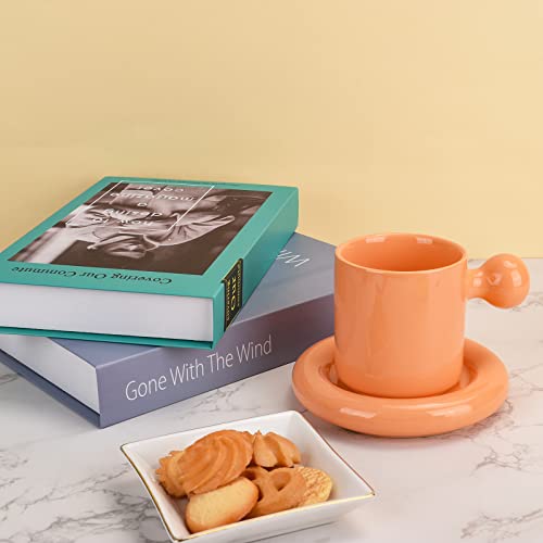 Koythin Ceramic Coffee Mug, Cute Mug Ball Handle with Saucer for Office and Home, Creative Cup with Comfortable Handle, 10 oz/300 ml for Latte Tea Milk (Candy Orange)