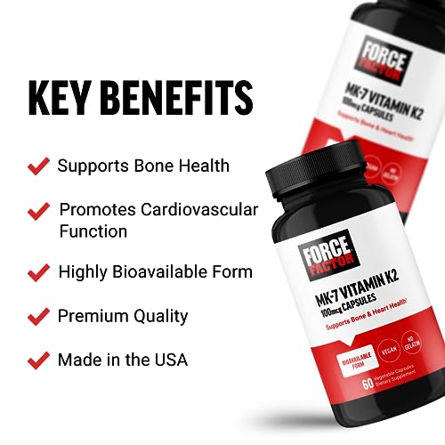 FORCE FACTOR MK-7 Vitamin K2 100mcg, Bone Support Supplements for Women and Men, Support Heart Health, Bone Density, and More, BIoavailable Form, Vegan, Non-GMO, 60 Vegetable Capsules