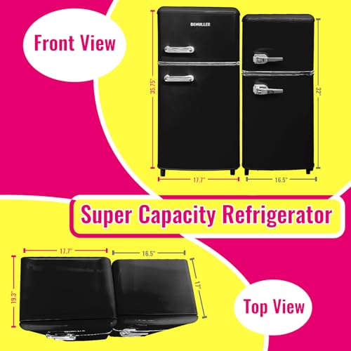 DEMULLER Mini Fridge Dual Door Refrigerator with Freezer, 3.5 Cu.Ft Compact Refrigerator with Handle, Adjustable Temperature & Removable Glass Shelves, for Apartment/Dorm/Office/RV, Black