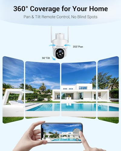 Solar Security Camera Wireless Outdoor, 2K WiFi Cameras for Home Security, 360° PTZ Surveillance Camera with PIR, Color Night Vision, 2-Way Talk, IP66 Waterproof, SD/Cloud, Work with Alexa (2 Pack)