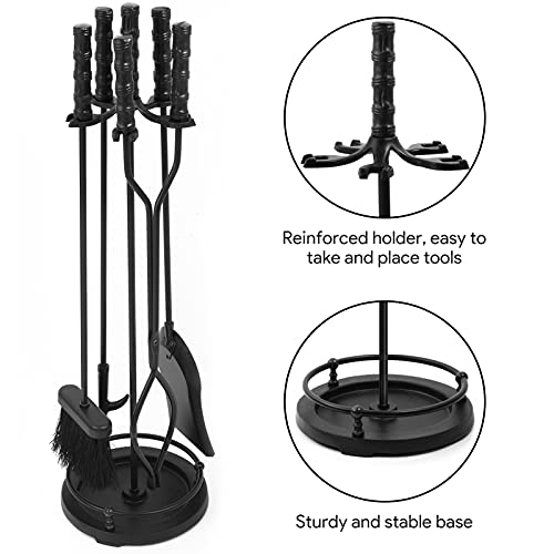 AMAGABELI GARDEN & HOME 5 Pieces Fireplace Tools Sets Wrought Iron Indoor Fireplace Set with Poker Tongs Broom Shovel Stand Fire Tools Outdoor Fire Place Fire Pit Hearth Accessories Sets Black