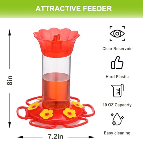 Rihogar Hummingbird Feeder for Outdoors Hanging, 2 Pack Plastic Humming Bird Feeders with Buckle, 6 Feeding Ports, Built-in Ant Moat, Wild Bird Feeder for Outside Garden, Leak-Proof (12 oz)