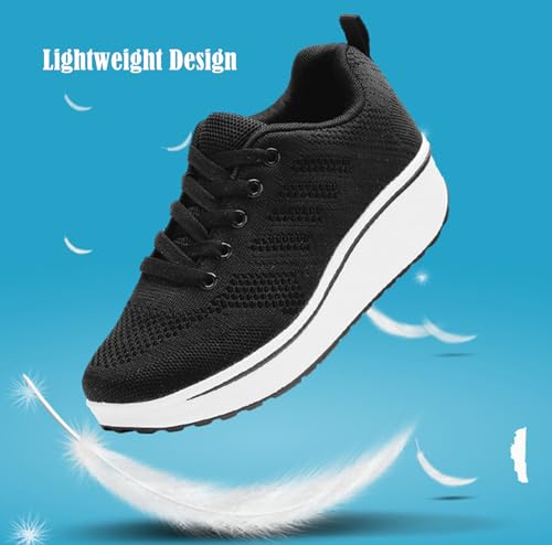 DADAWEN Women's Slip On Breathable Mesh Walking Tennis Shoes Lightweight Comfort Wedge Platform Casual Sneakers for Gym Travel Work Black US Size 5