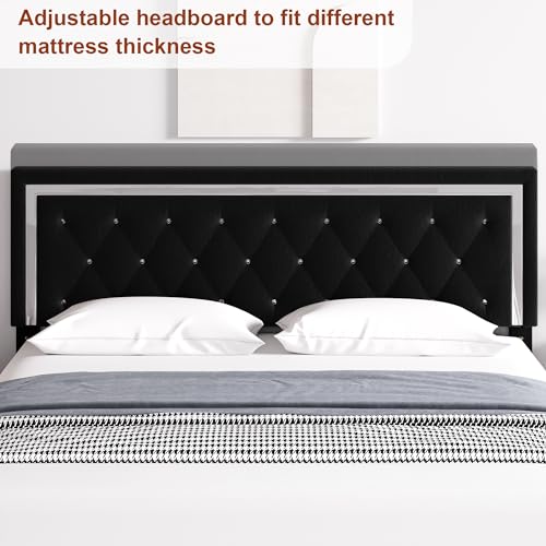 HITHOS King Bed Frame, Upholstered Platform Bed Frame with Modern Adjustable Headboard, Diamond Tufted Mattress Foundation with Wooden Slat Support, No Box Spring Needed, Easy Assembly (King, Black)