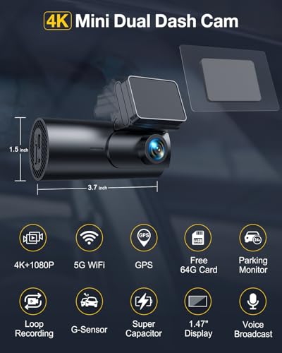 GKU Dash Cam Front and Rear Camera,4K+1080P Dual Dash Camera for Cars Built-in 5GHz WiFi GPS,with 64G SDcard,1.47" Display Dashcam, 24HParking Mode,App Control,Super Night Vision,WDR,Support Max 256GB