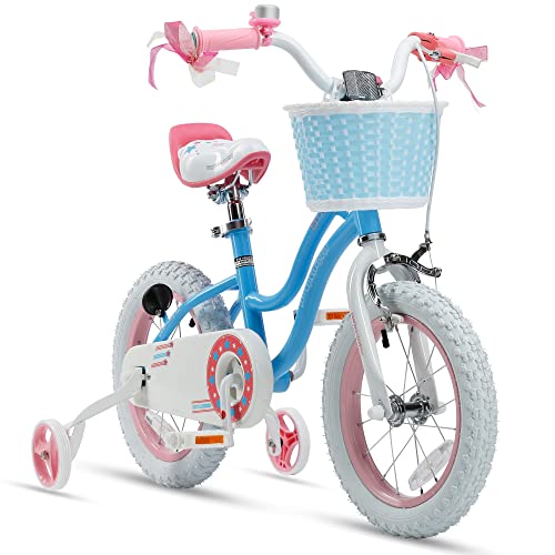 RoyalBaby Stargirl Kids Bike 14 Inch Girls Bicycle for Children with Training Wheels & Basket, Blue