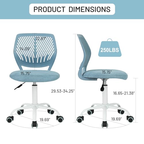 Desk Chair Armless, Comfy Small Home Office Chair with Fabric Seating Cushion and Plastic Low-Back, Adjustable Swivel Study Computer Task Chair for Student Children Kids with Rolling Wheels, Amber