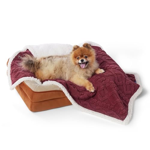 Bedsure Waterproof Dog Blankets for Small Dogs - Pet Blanket for Couch Protector Washable, Premium Jacquard Coral Fleece Cat Throw Blanket, Soft Reversible Furniture Protection, 25"x35", Burgundy