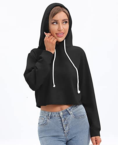 milanpavilion Women's Drawstring Cropped Hoodie Casual Plain Fashion Hoodies Workout Crop Tops Sweatshirt Long Sleeve Top Black