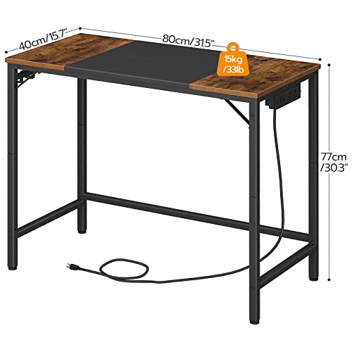 HOOBRO Computer Desk, Home Office Desk with Power Outlet, Modern Study Writing Desk with 3 Hooks for Study Room, Home Office, Sturdy and Stable, Easy to Assemble, Charcoal Gray and Black BC40UDN01