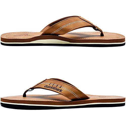 Quickshark Mens Flip Flops Leather Sandals Lightweight Beach Slippers Arch Support AKhaki Size 16