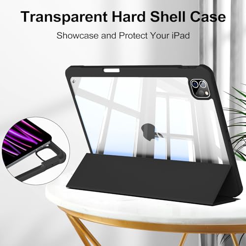 JKSML Case for iPad Pro 11, Case with Pencil Holder for iPad Pro 11 Inch 4th/3rd/2nd Generation 2022/2021/2020, Transparent Protective Case for iPad Pro 11, Supports Pencil 2 Charging, Black