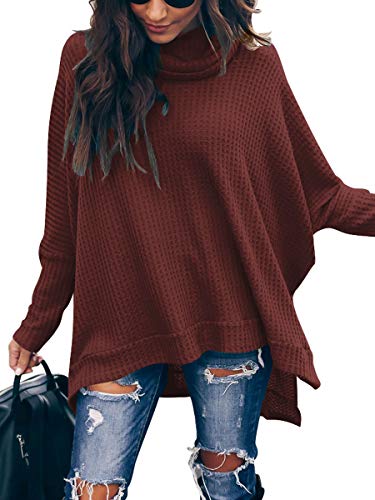 ANRABESS Women's Oversized Turtleneck Batwing Long Sleeve Waffle Knit Tunic Sweater Top 2024 Fall Trendy Pullover Shirts Pink Small