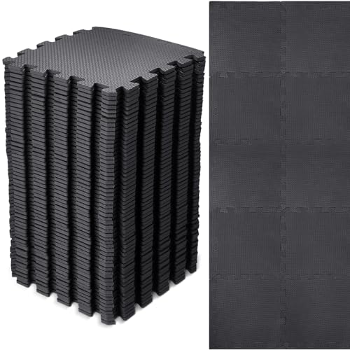 Nuanchu 60 Pcs Kids Foam Puzzle Floor Mat Bulk Solid Color Foam Play Mat with Borders Interlocking Multi Use Floor Rug for Baby Toddler Children Crawling Exercise Playroom 12 inch (Black)