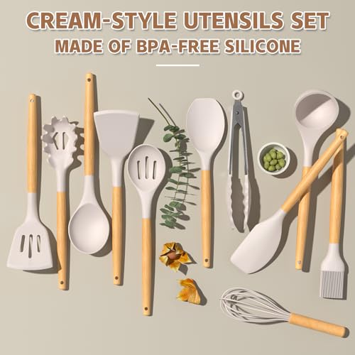 Umite Chef Kitchen Cooking Utensils Set, 33 pcs Non-Stick Silicone Cooking Kitchen Utensils Spatula Set with Holder, Wooden Handle Silicone Kitchen Gadgets Utensil Set (Khaki)