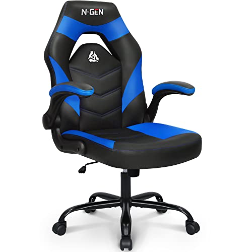 N-GEN Video Gaming Computer Chair Ergonomic Office Chair Desk Chair with Lumbar Support Flip Up Arms Adjustable Height Swivel PU Leather Executive with Wheels for Adults Women Men (White)