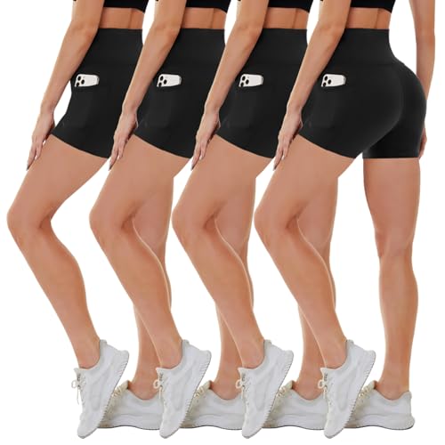 CAMPSNAIL 4 Pack Biker Shorts Women with Pockets – 5"/8" High Waist Tummy Control Workout Gym Yoga Running Compression Shorts