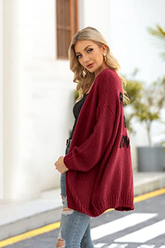 PRETTYGARDEN Casual Loose Open Front Womens Sweaters Fall Lightweight Midi Long Cardigan for Women Back Letters (Wine Red, Medium)