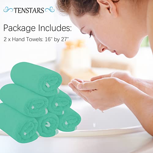 TENSTARS Silk Hemming Hand Towels for Bathroom - Quick Drying - Ultra Soft Microfiber Absorbent Towel for Bath Fitness, Gym, Shower, Hotel, and Spa - 16x28 Inch | Set of 6, Light Teal
