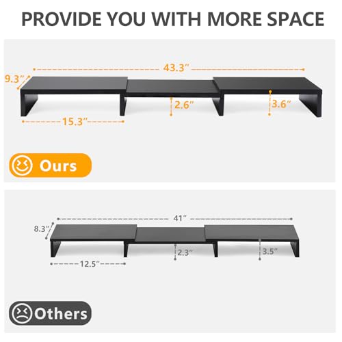 TAVR Dual Monitor Stand Riser Office Desktop Organizer Stand for 2 Monitors, Adjustable Length and Angle 3 Shelf, Extra Long Multifunctional Stand up to 43.3" fit Computer, Laptop, TV, Black