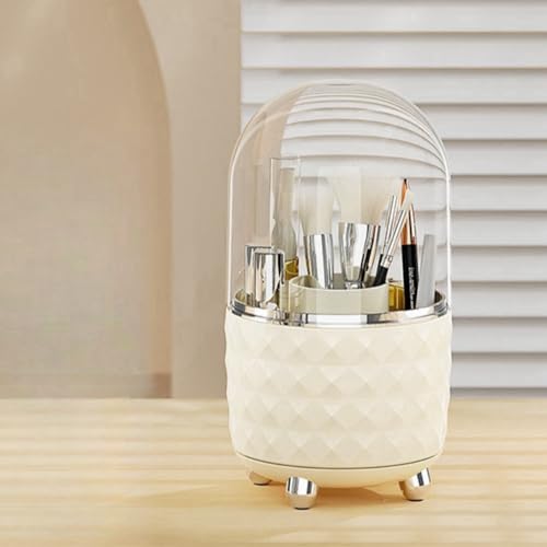 Booklov Makeup Brushes holder with Lid,Cosmetic Organizer,360° Rotating Desktop Makeup Tools Holder with Lid,Dustproof Lipstick Organiser,Storage Stand for Cosmetic(Cream with Lid,M)