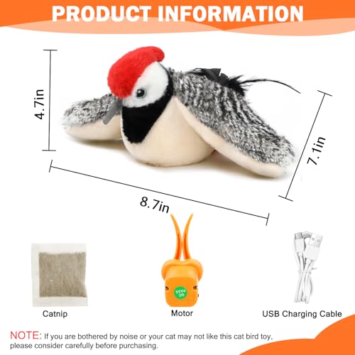Tocirelo Flapping Bird Cat Toy - Chirping Bird Cat Toy Flapping Wings for Bored Indoor Cats, Interactive Simulated Flying and Realistic Flappy Bird, Touch Activated 7.1" Kitten Kicker Toy with Catnip