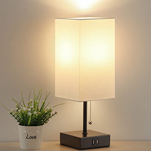 GGOYING Pull Chain Table Lamp, Bedside Lamps with 2 USB Charging Ports, 2700K LED Bulb, White Linen Lampshade for Living Room, Dorm, Office, Home