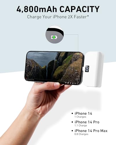 Mini Portable Charger for iPhone with Built in Cable, 4,800mAh Small Power Bank Fast Charging, Compatible with 14/14 Pro Max/13/13 Pro Max/12/12 Pro Max/11/XR/X/8/7/6 Series, Black