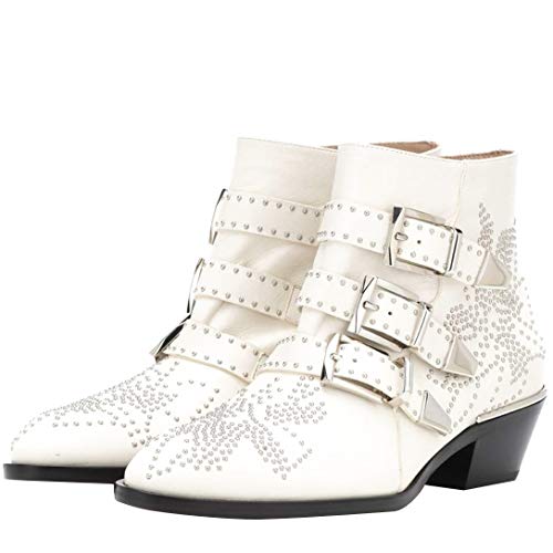 Comfity Boots for women, Women's Leather Booties Rivets Studded Shoes Metal Buckle Low Heels Ankle Boots White Silver 6 US