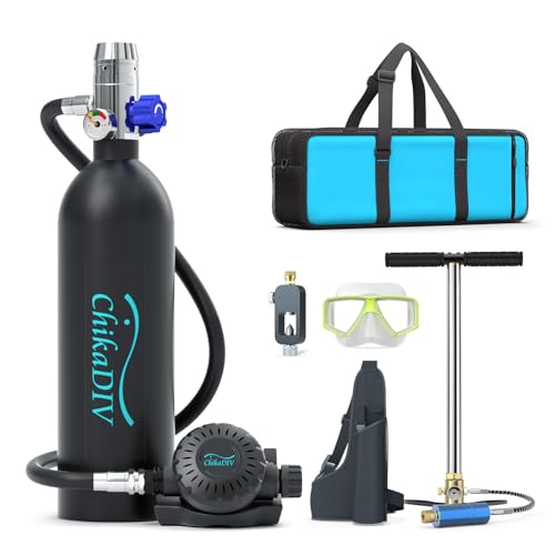 CHIKADIV Mini Scuba Tank, 1L Scuba Tank Underwater Breathing System for Family Lung Tank Diving Gear Reusable Scuba Diving Kit Gear with Pump for Exploration Emergency A Black