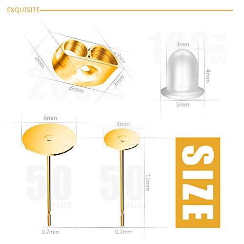 Gold Earring Posts and Backs, 500Pcs Hypoallergenic Earring Studs for Jewelry Making with Butterfly Earring Backs and Rubber Bullet Earring Backs (4mm, 6mm)