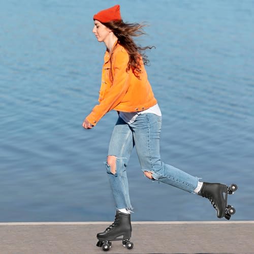 XUDREZ Roller Skate Shoes for Women Men PU Leather High-top Double-Row Roller Skates for Beginner, Professional Indoor Outdoor Roller Skates with Shoes Bag (Black Wheel,37)